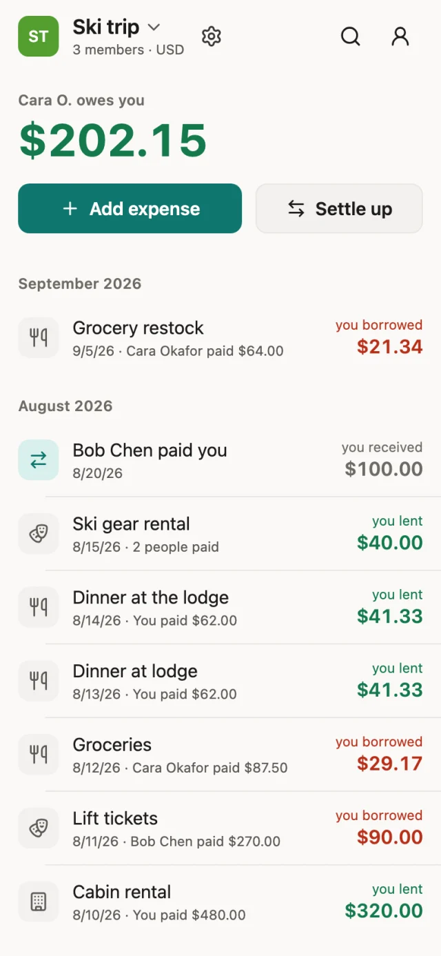 Wallyt’s home screen for a ski trip group: Cara owes you $202.15, above the trip’s expenses.